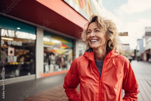 Portrait of a joyful woman in her 50s wearing a functional windbreaker isolated on vibrant shopping mall background photo