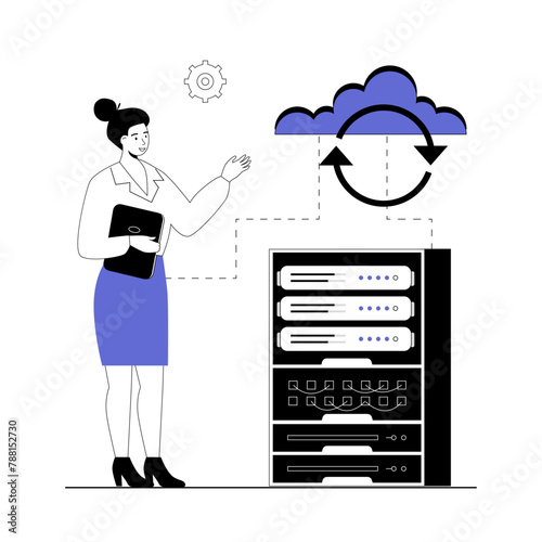 Cloud synchronization. Cloud storage. Digital file organization service or app with data transferring. Vector illustration with line people for web design.