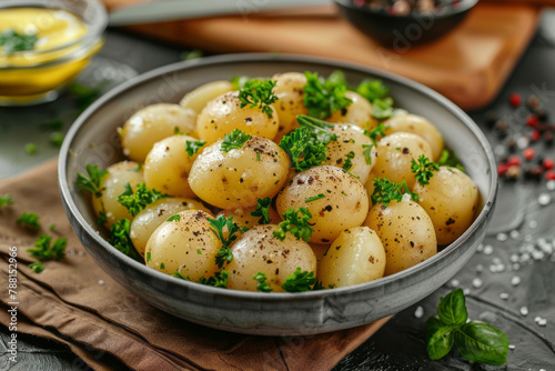 Close-up of boiled potatoes in a ceramic bowl on the table with spices, slightly top view
