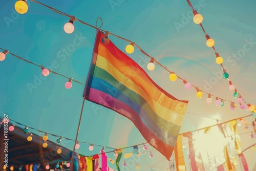 A vibrant pride flag flutters cheerfully under glowing festive lights with a soft sunset in the background, evoking feelings of freedom and celebration. Generated AI photo