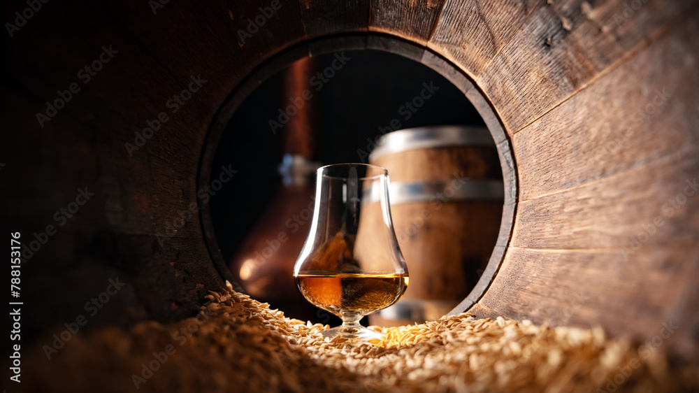 Glass of whiskey in an old wooden oak barrel with barley grains. Traditional alcohol distillery concept