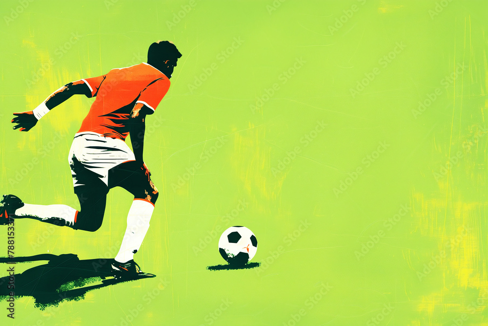 Art, poster, soccer player with ball, copyspace