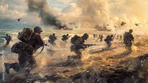 D-Day Normandy Invasion concept art with soldiers landing on beach and warships in background photo