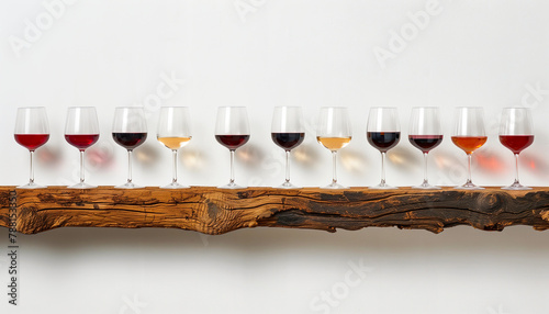 Row of wine glasses with different wines, on oak counter, tasting, vinotheque photo