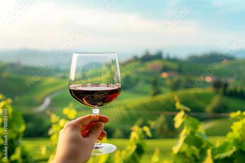 Female hand with a glass of red wine on the background of a vineyard