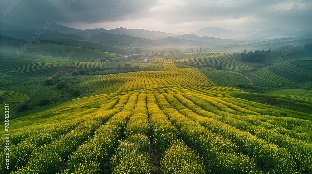 Obraz premium A rainy morning, In the rapeseed fields. Aerial high view. Generative AI.