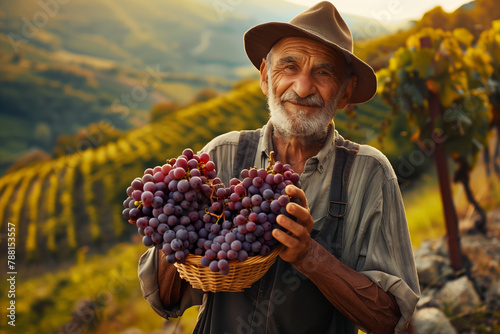 An elderly winemaker in a vineyard with a bunch of grapes in his hands. photo