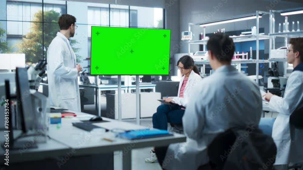 Head of Laboratory Showing Presentation on a TV Screen with Green Chroma Key Template. PhD Professor Teaching a Group of Science Students the Basics of Research in Biological Engineering Head of Laboratory Showing Presentation on a TV Screen with Green Chroma Key Template. PhD Professor Teaching a Group of Science Students the Basics of Research in Biological Engineering