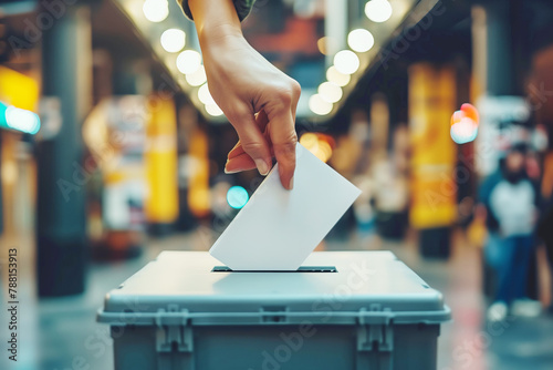 Hand putting a ballot paper into a ballot box, elections, poll, election process photo