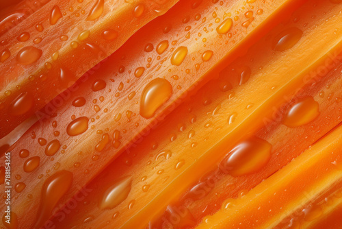 Close up of beautiful texture of fresh orange carrot with water drops, carrot strips close up
