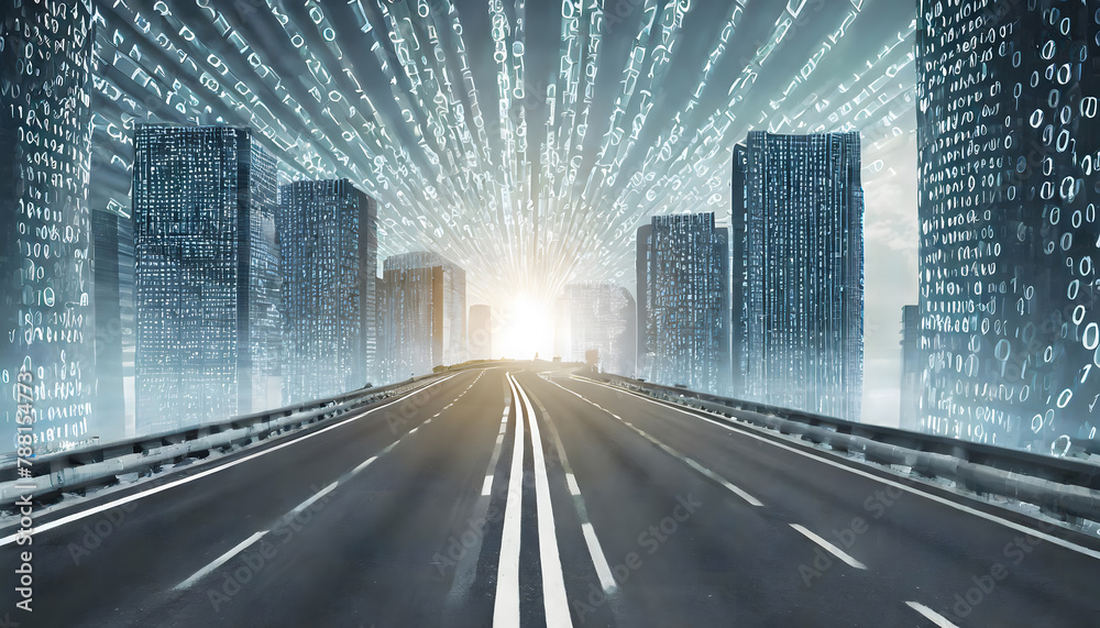 Fototapeta premium 3D Rendering of abstract highway path through digital binary towers in city background. Generative AI.