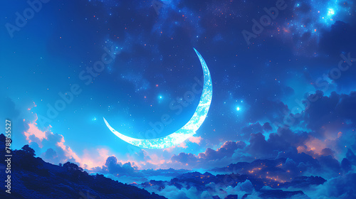 Crescent moon. illustration of a bright moon highlighting the night starry sky