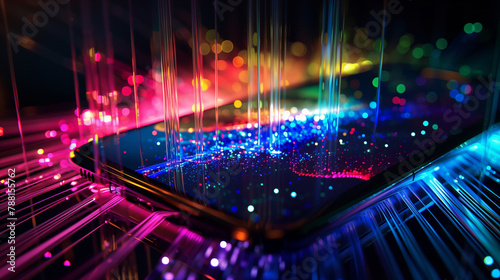 A phone is on a screen with a colorful background. The background is made up of many small dots, creating a sense of movement and energy. The phone is the main focus of the image