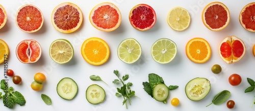 Fresh fruits and vegetables separated on a white background.