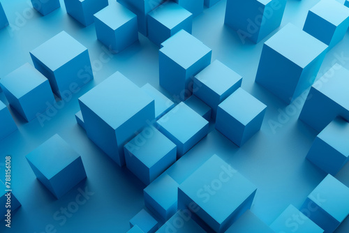 3d graphic, cubes and geometry with blockchain and creative blue render. Abstract digital block, geometric Illustration and future grid for modern wallpaper, mosaic and form for data innovation