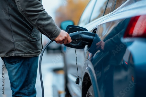 man plugging in the cable while charging an electric car, electric car closeup, electric car charging closeup, eco-friendly car, car charging closeup, charge your car closeup, charging car closeup