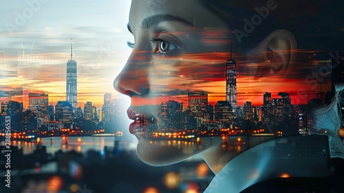 In the twilight's glow, a resolute woman's visage merges with the city's radiant skyline, embodying ambition and the profound interplay between human resolve and the urban expanse.
 photo