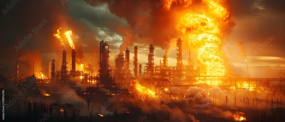 Refinery Inferno: A Blaze Erupts Amidst Industry Icons. Concept Fire Hazard Protocol, Emergency Response Action, Fire-prevention Maintenance
