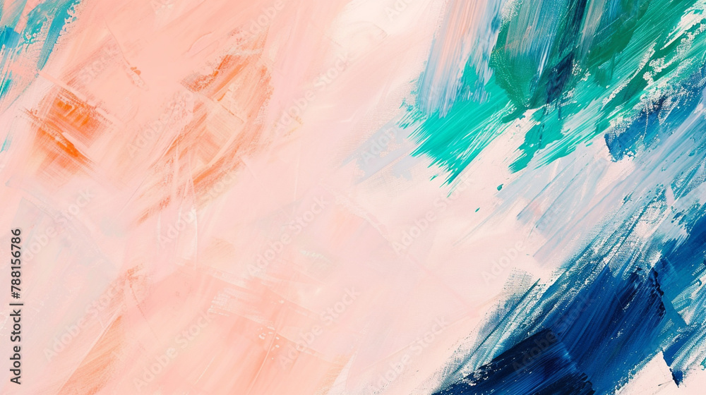 Soft peach canvas and vibrant blue-green strokes craft a serene yet creative abstract.