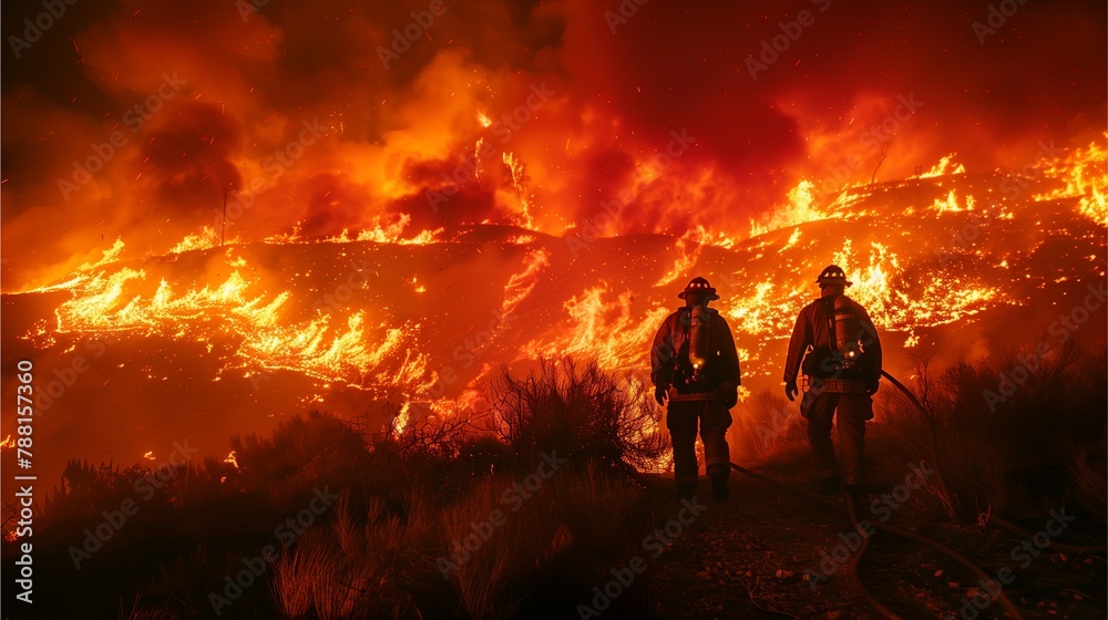 Fototapeta premium Hikers and firefighters survey fire-ravaged forest.