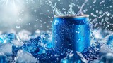 An energetic splash of ice and water surrounds a chilled blue soda can, conveying the ultimate refreshment and coolness.