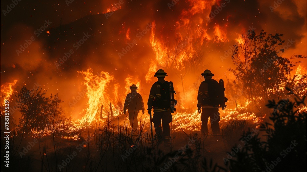 Fototapeta premium Hikers and firefighters survey fire-ravaged forest.