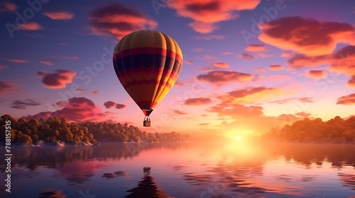 Hot air balloon in the sky at sunset, beautiful landscape