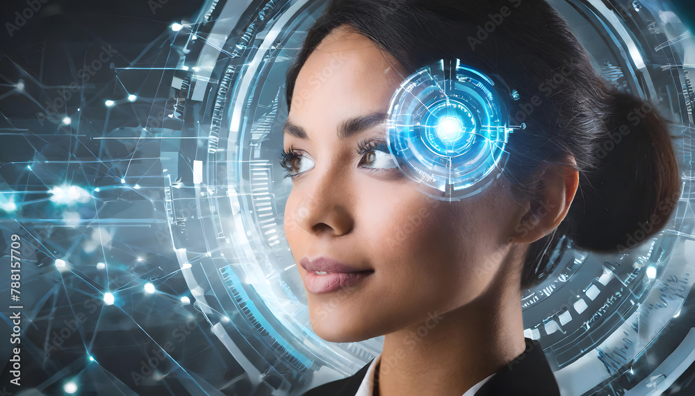 Future woman with cyber technology eye panel background. Generative AI. Future woman with cyber technology eye panel background. Generative AI.