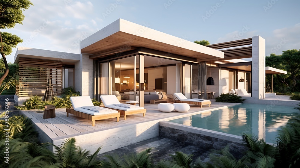 Modern cozy house with pool and parking for sale or rent in luxurious style.