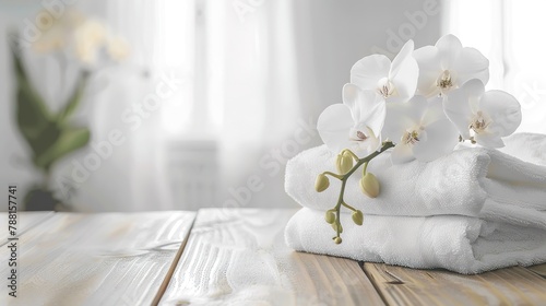 Clean white towels and beautiful orchid flowers on wood table with blurred white bathroom background  ,Generative ai, Generative, Ai