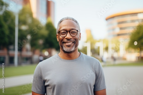 Portrait of a grinning afro-american man in his 50s donning a trendy cropped top in modern university campus background