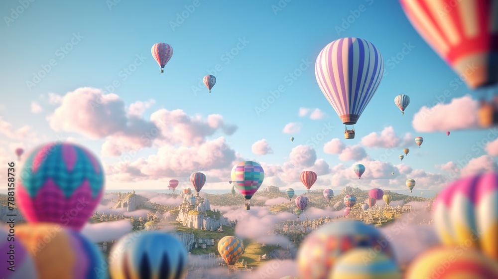 A bunch of hot air balloons flying in the sky, Generative AI
