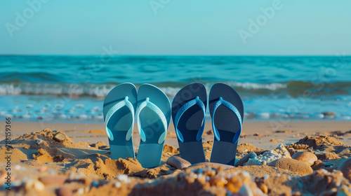 flip flops are on the beach. The beach is calm and peaceful, with the ocean waves gently lapping at the shore. Two pairs of flip flops standing on the beach, light blue and dark blue