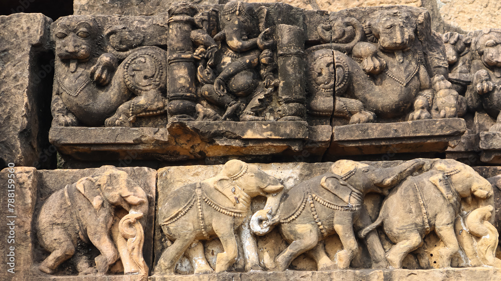 Beautiful Ancient Carvings on the Temple of Shri Pataleshwar Temple, Malhar, Chhattisgarh, India.