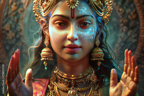 A stunning depiction of Devi Parvati, the Hindu goddess of love, fertility, and devotion, often revered as the nurturing and empowering mother figure in Hindu mythology.