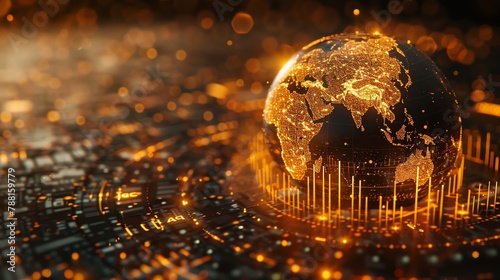 A digital montage of fluctuating gold prices, gushing oil, and stock market fluctuations on a globe