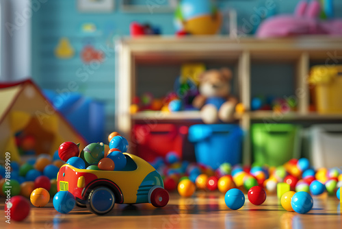 An assortment of colorful kids  toys scattered on a playful background  inviting imagination and joy.