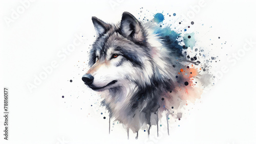 Spirit of the Wild: A Majestic Wolf Illustrated with Watercolor Splashes, Set Against White