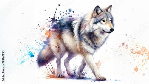Grace in the Wilderness: Vivid Watercolor Splashes Depict a Wolf in Full Majesty Against White