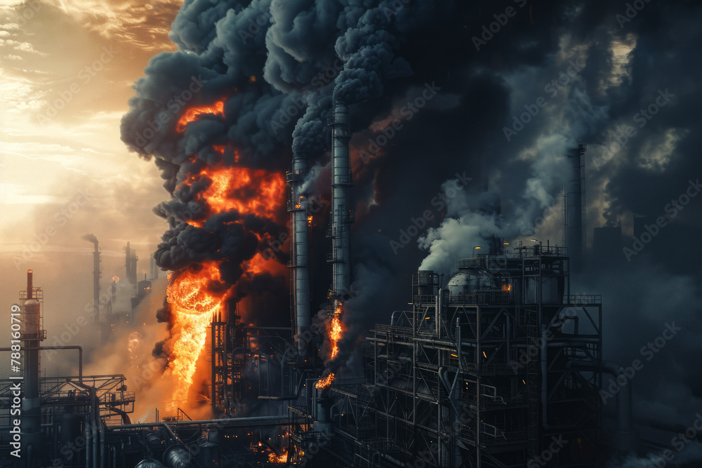 Factory or refinery fire, gas plant fire burning with black smoke, space for text
