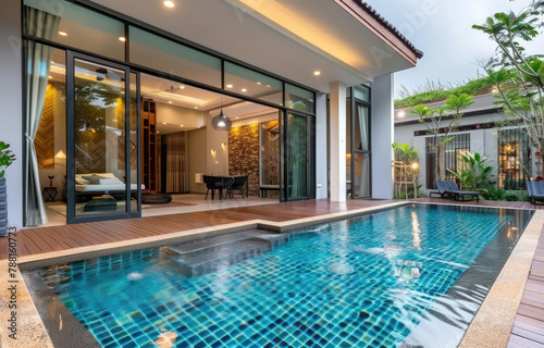 Small private pool villa in Phuket, tropical style with greenery and palm trees around the house © Kien