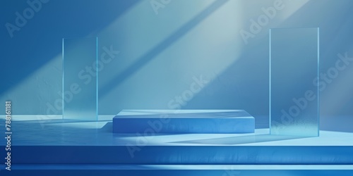 Blue podium on a blue background for the presentation various products