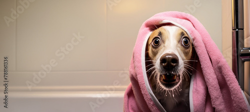 Un drôle de chien dans une salle de bain avec une serviette sur la tête, image avec espace pour texte.  © David Giraud