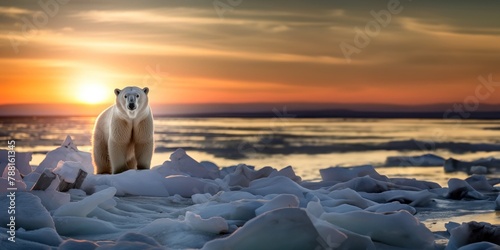 Un ours polaire debout sur la banquise au coucher du soleil, image avec espace pour texte. photo
