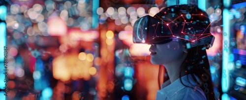 Une technicienne portant des lunettes VR travaillant dans la salle des serveurs, entourée de données holographiques et de connexions réseau.