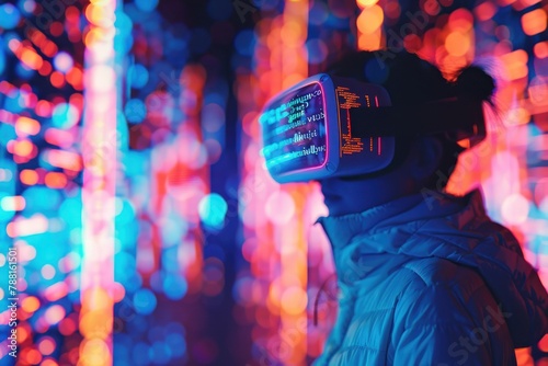 Une personne portant un casque de réalité virtuelle devant des visualisations de données lumineuses.