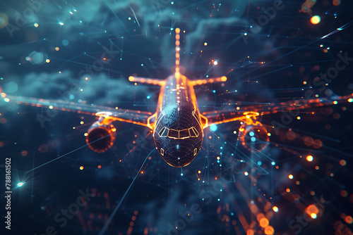 A futuristic wireframe-based visualization of an airplane against a glowing translucent background, showcasing advanced aeronautic design and cutting-edge technology in digital art. photo