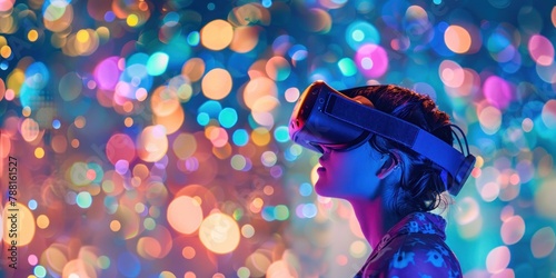 Une personne portant un casque de réalité virtuelle devant des visualisations de données lumineuses, image avec espace pour texte.
