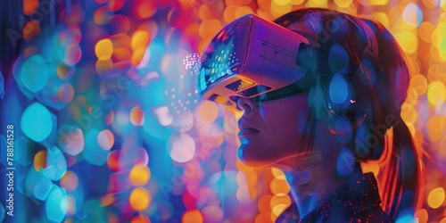 Une personne portant un casque de réalité virtuelle devant des visualisations de données lumineuses, image avec espace pour texte.
