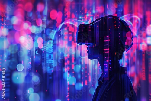 Une personne portant un casque de réalité virtuelle devant des visualisations de données lumineuses.